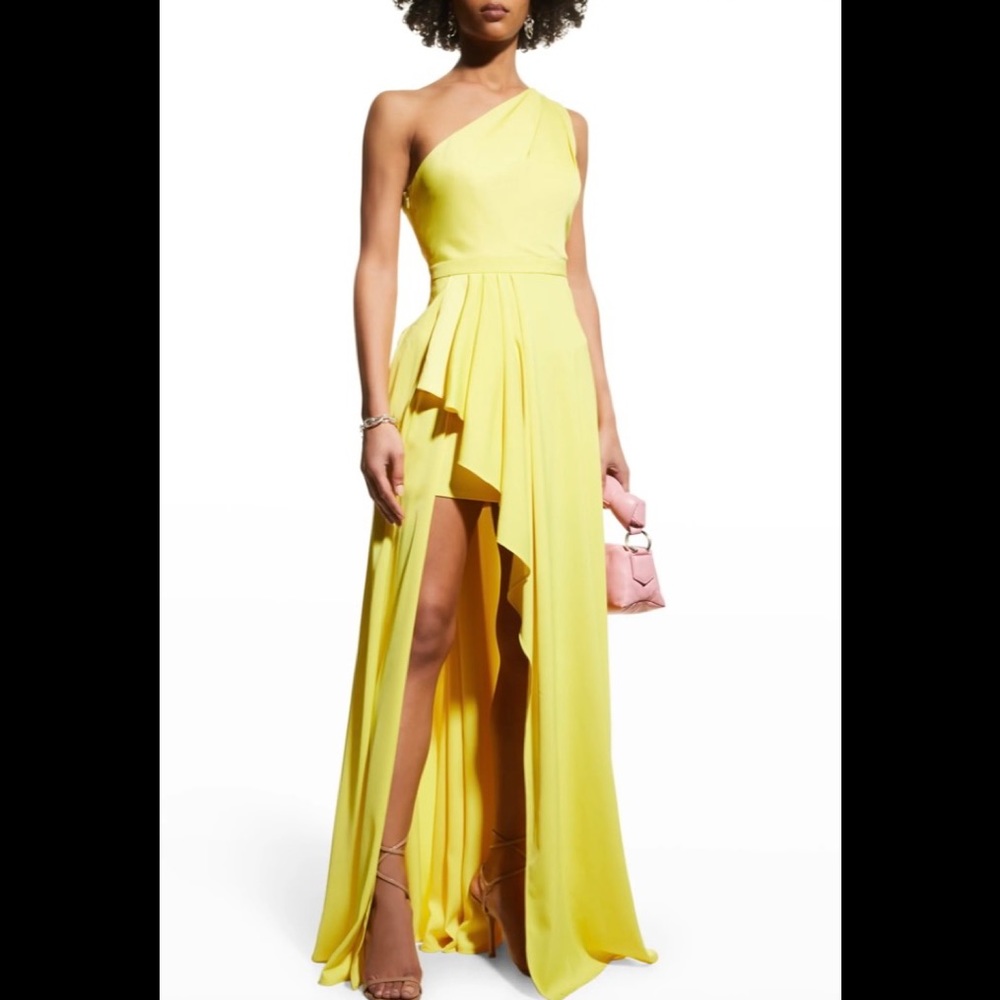 Aidan Mattox One-Shoulder Pleated Draped Gown Lemon/yellow MSRP $265